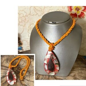 Handmade Coral and Abalone Inlay Beaded Coconut Shell Necklace